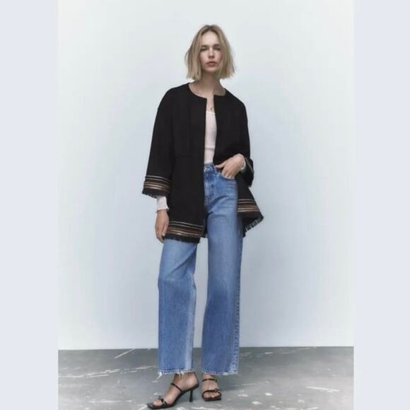 ZARA Women's L Combination Faux Suede Embroidered Jacket Boho Western Black - Picture 15 of 16